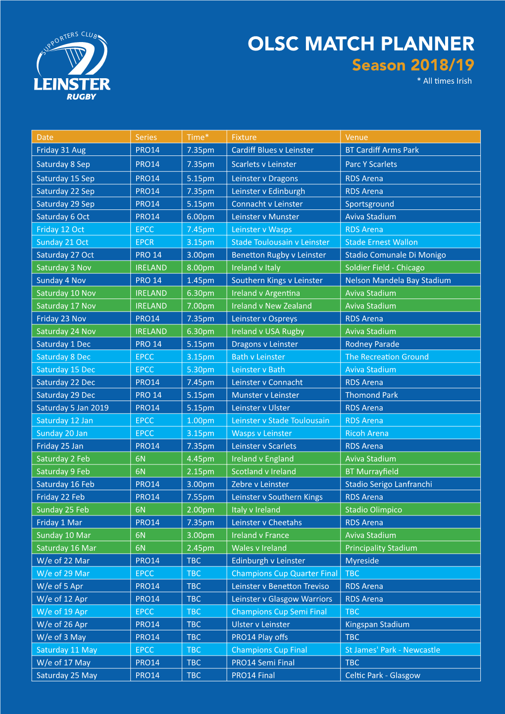 OLSC MATCH PLANNER Season 2018/19 * All Times Irish