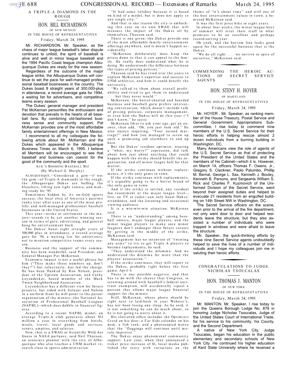 CONGRESSIONAL RECORD— Extensions of Remarks E 688 HON. BILL RICHARDSON HON. STENY H. HOYER HON. THOMAS J. MANTON