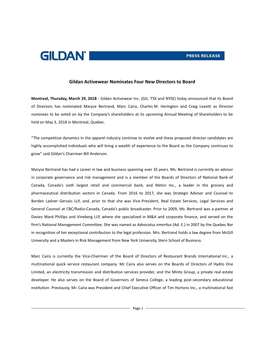 Gildan Activewear Nominates Four New Directors to Board