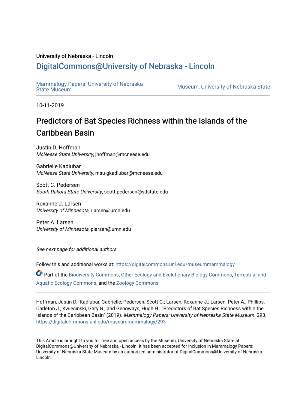 Predictors of Bat Species Richness Within the Islands of the Caribbean Basin