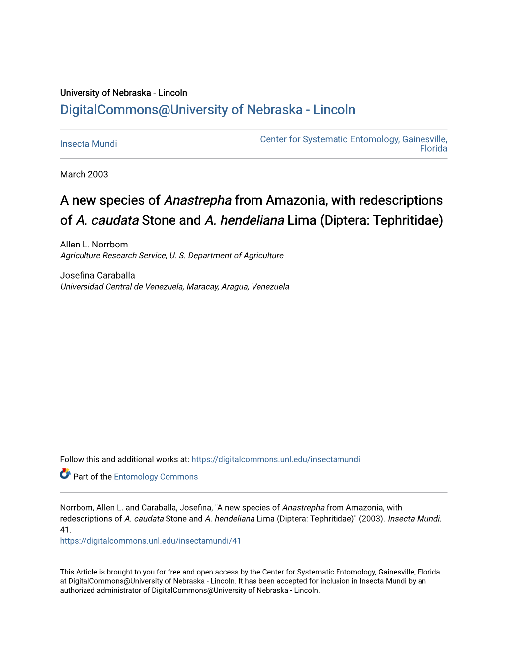 A New Species of Anastrepha from Amazonia, with Redescriptions of A