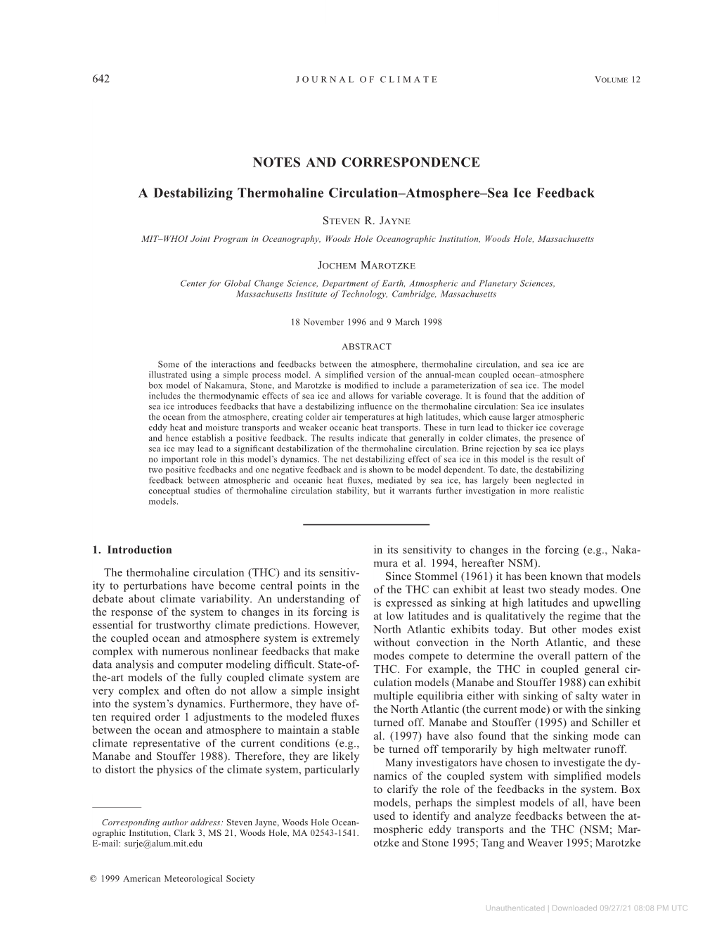 A Destabilizing Thermohaline Circulation–Atmosphere–Sea Ice