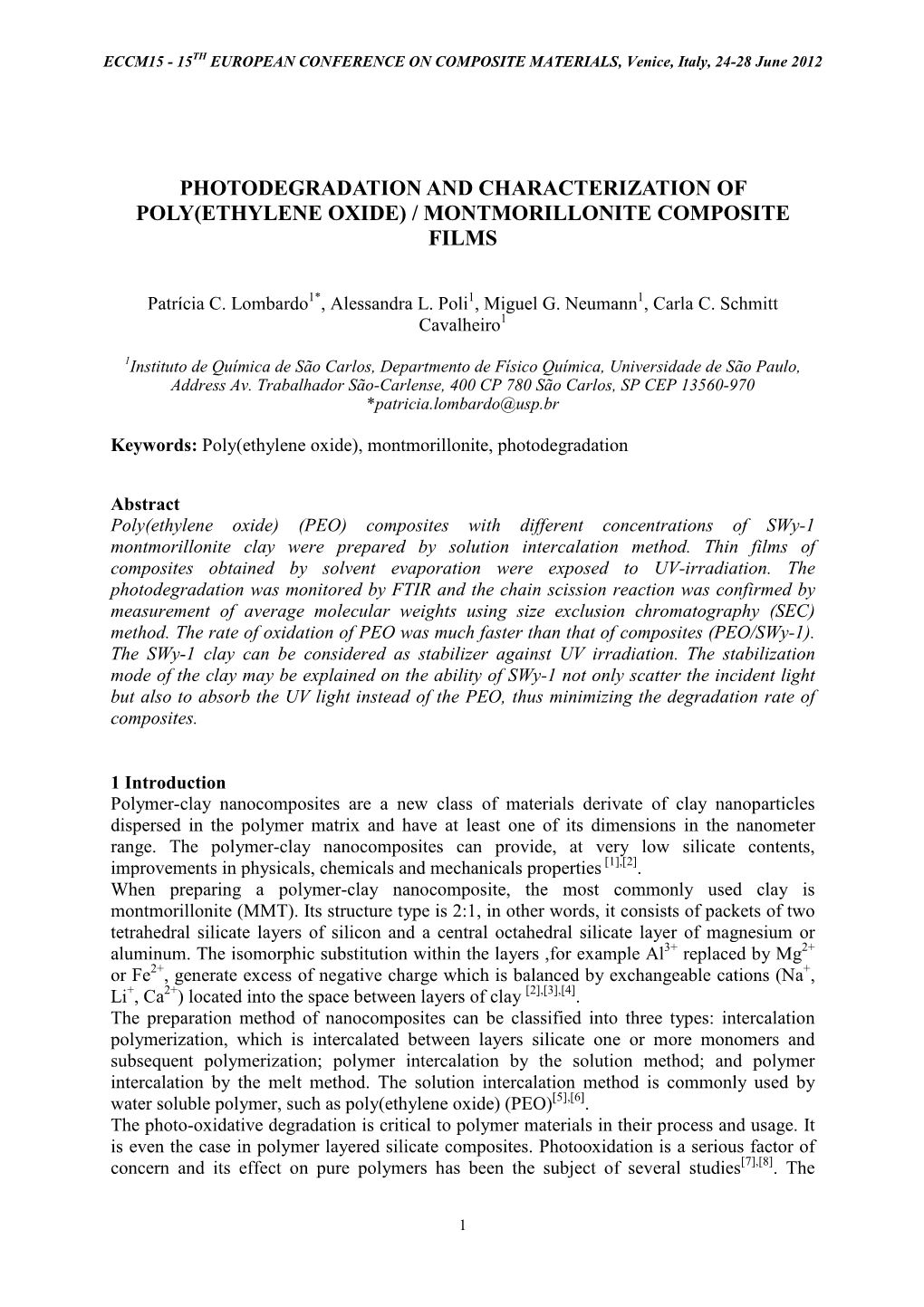 Photodegradation and Characterization of Poly(Ethylene Oxide) / Montmorillonite Composite Films