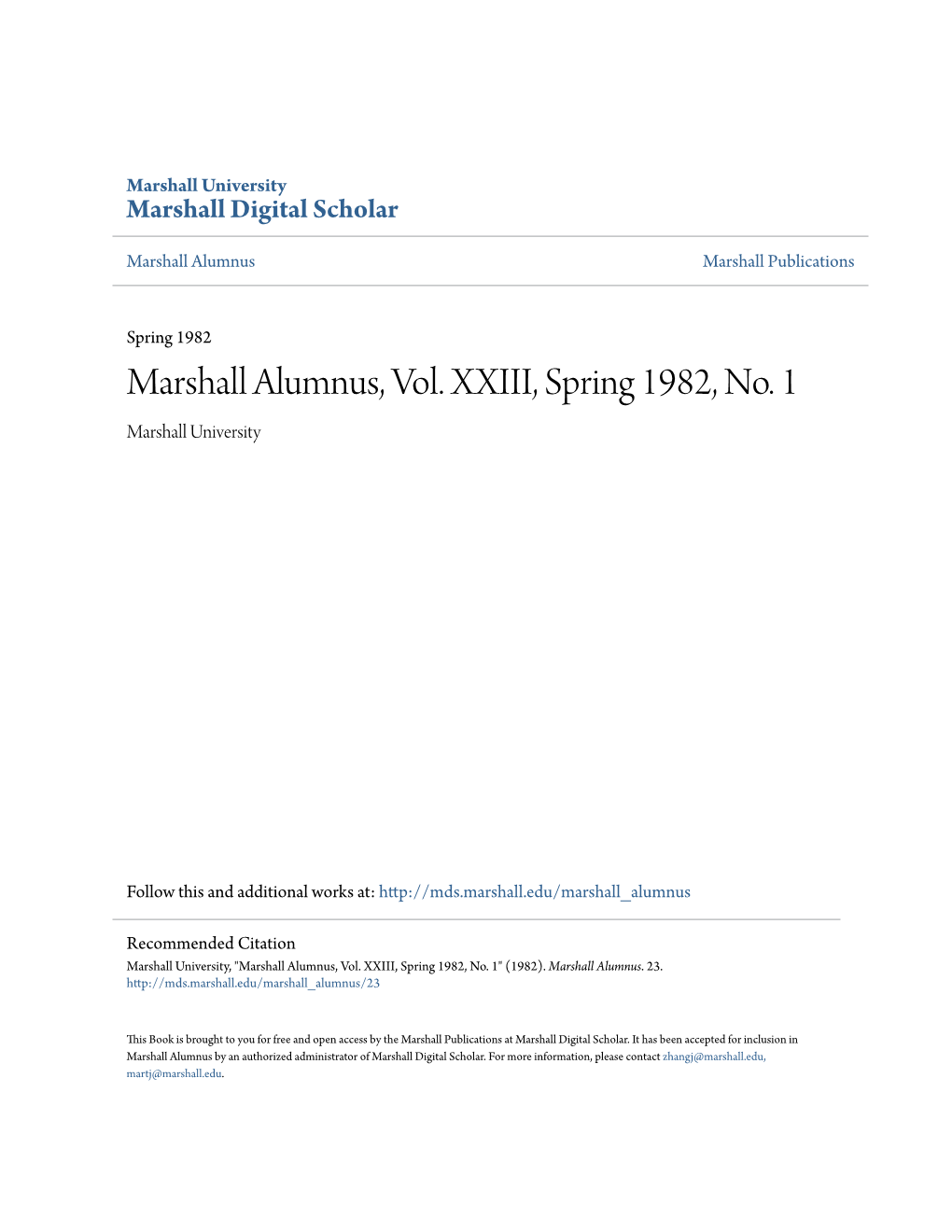 Marshall Alumnus, Vol. XXIII, Spring 1982, No. 1 Marshall University