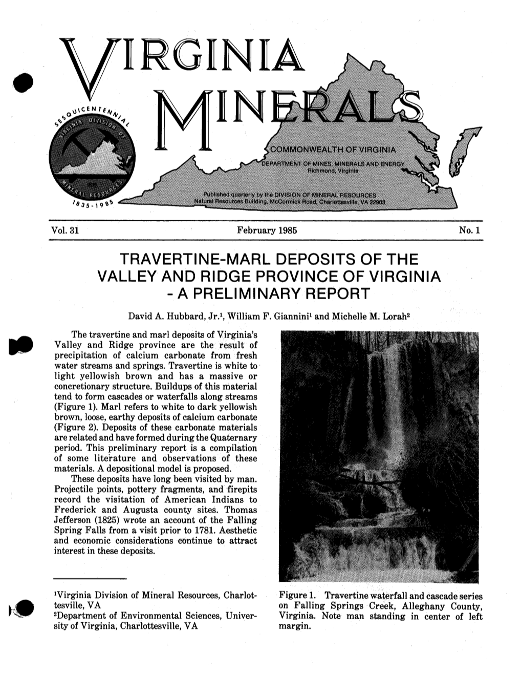 TRAVERTINE-MARL DEPOSITS of the VALLEY and RIDGE PROVINCE of VIRGINIA - a PRELIMINARY REPORT David A