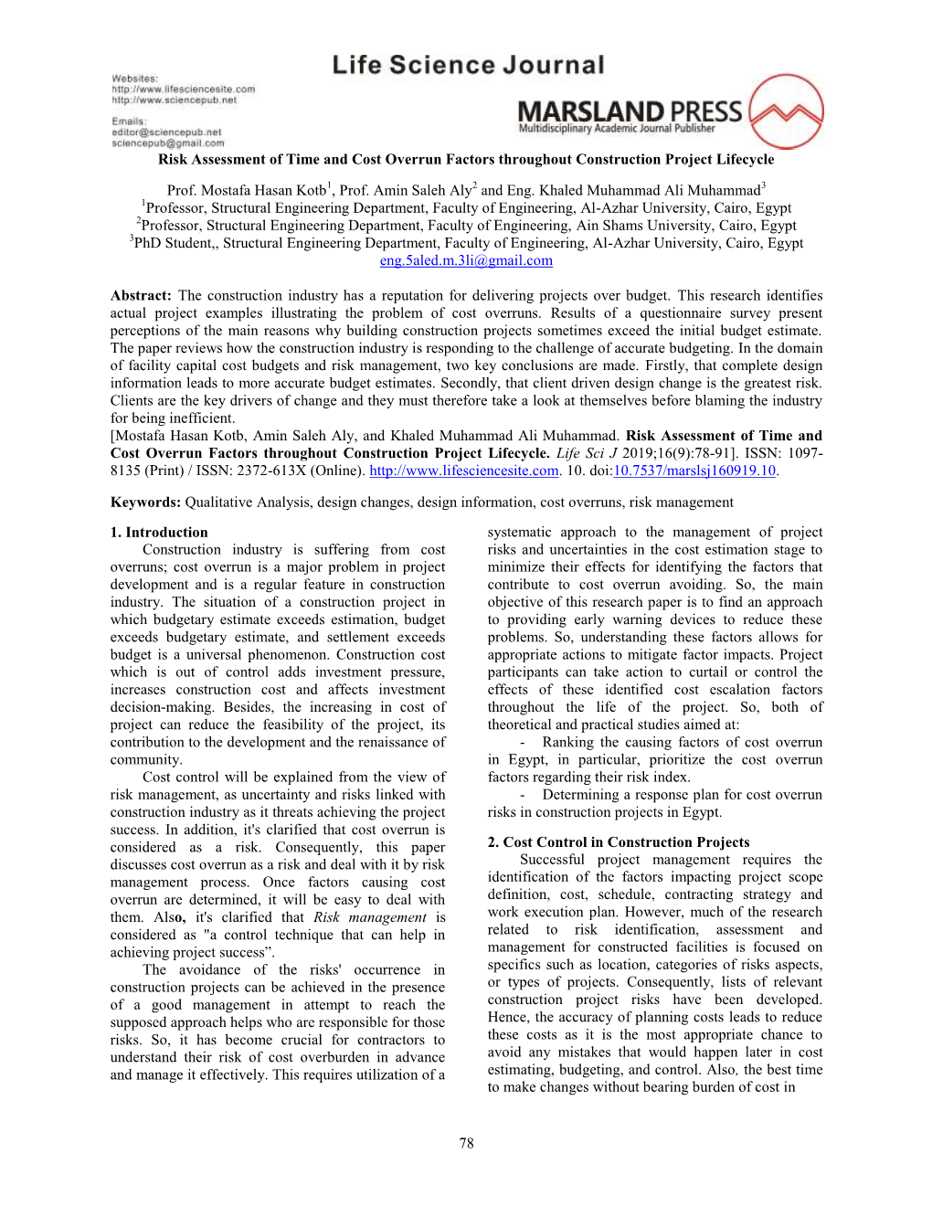 78 Risk Assessment of Time and Cost Overrun Factors Throughout