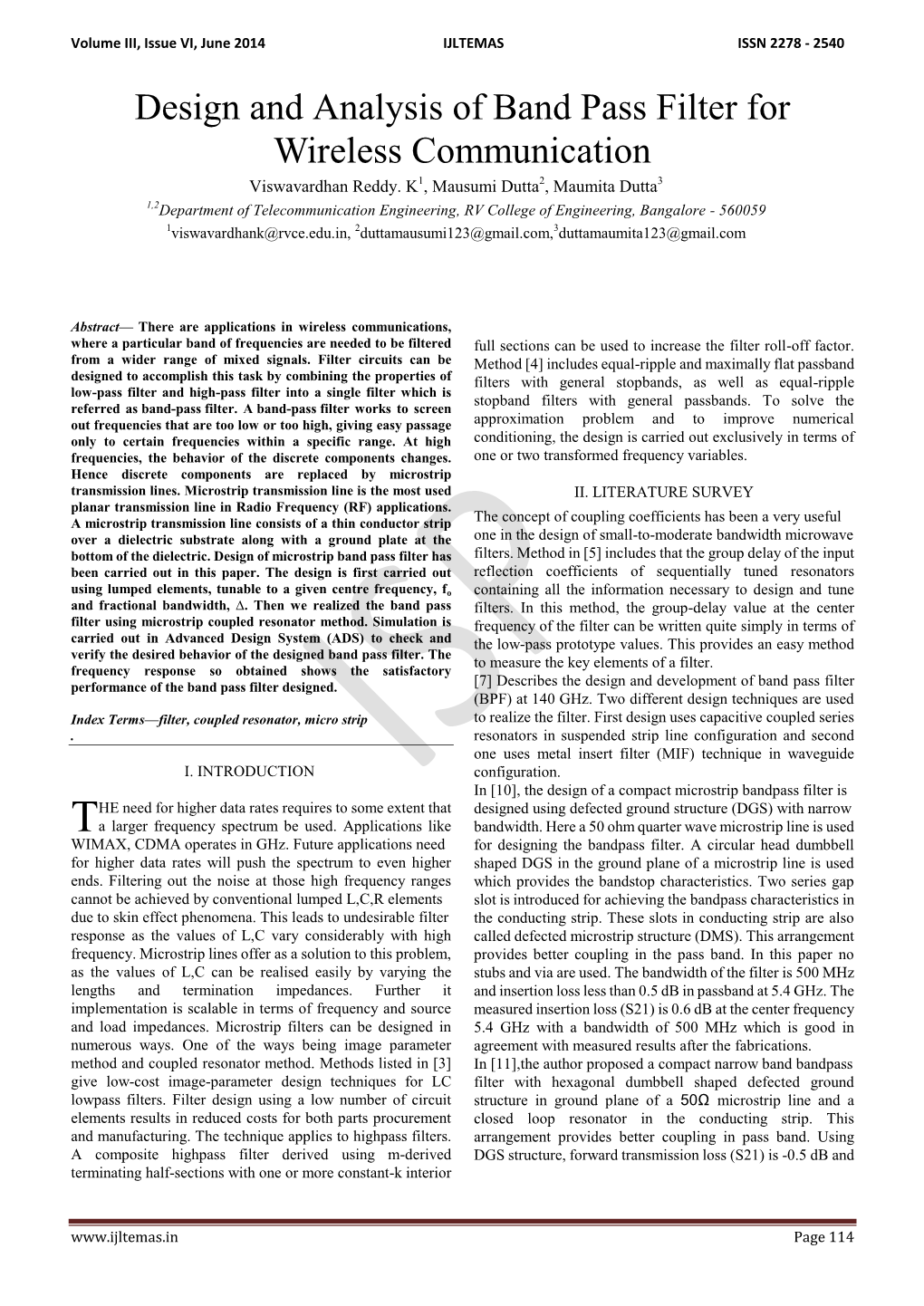 Design and Analysis of Band Pass Filter for Wireless Communication Viswavardhan Reddy