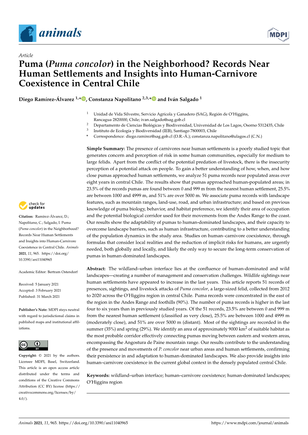 Puma (Puma Concolor) in the Neighborhood? Records Near Human Settlements and Insights Into Human-Carnivore Coexistence in Central Chile