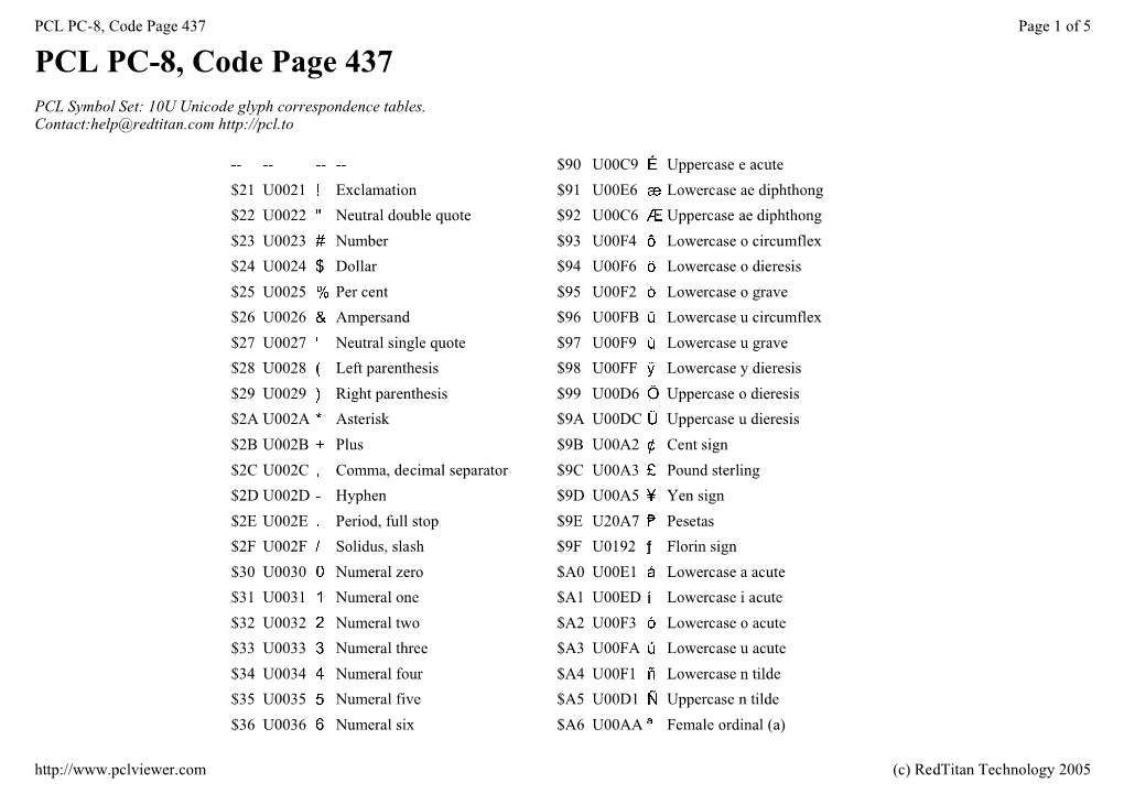 PCL PC-8, Code Page 437 Page 1 of 5 PCL PC-8, Code Page 437