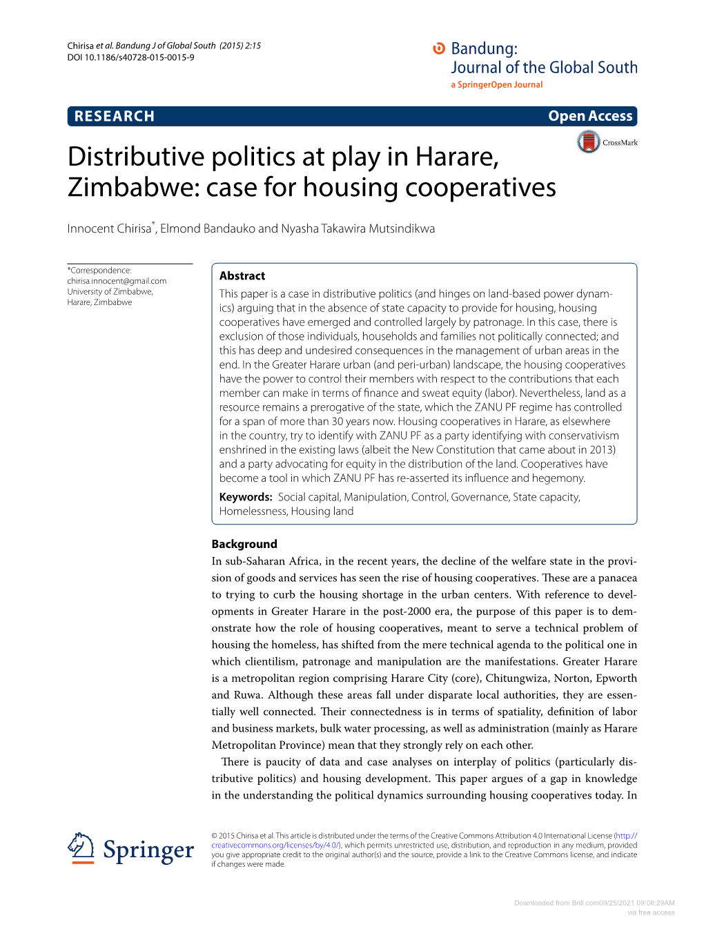 Distributive Politics at Play in Harare, Zimbabwe: Case for Housing Cooperatives