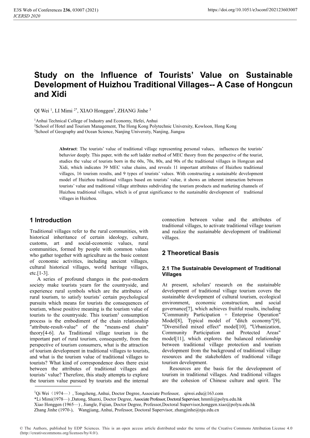 Study on the Influence of Tourists' Value on Sustainable Development of Huizhou Traditional Villages