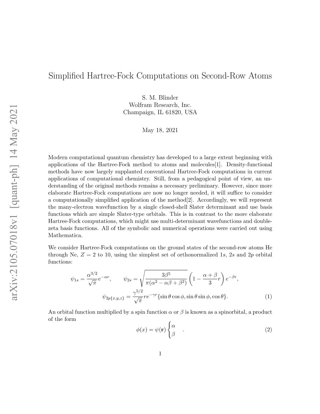 Simplified Hartree-Fock Computations on Second-Row Atoms