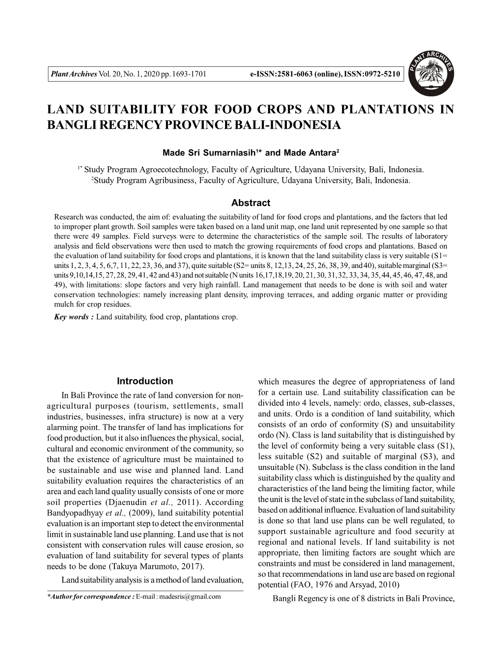 Land Suitability for Food Crops and Plantations in Bangli Regency Province Bali-Indonesia