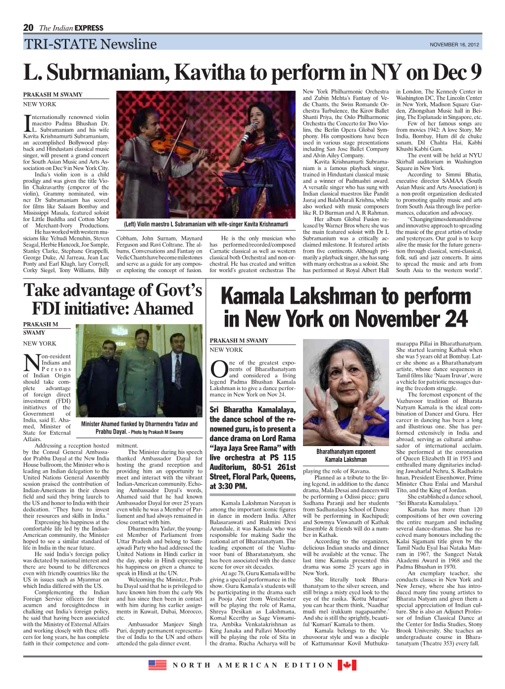 Indian EXPRESS TRI-STATE Newsline NOVEMBER 16, 2012 L