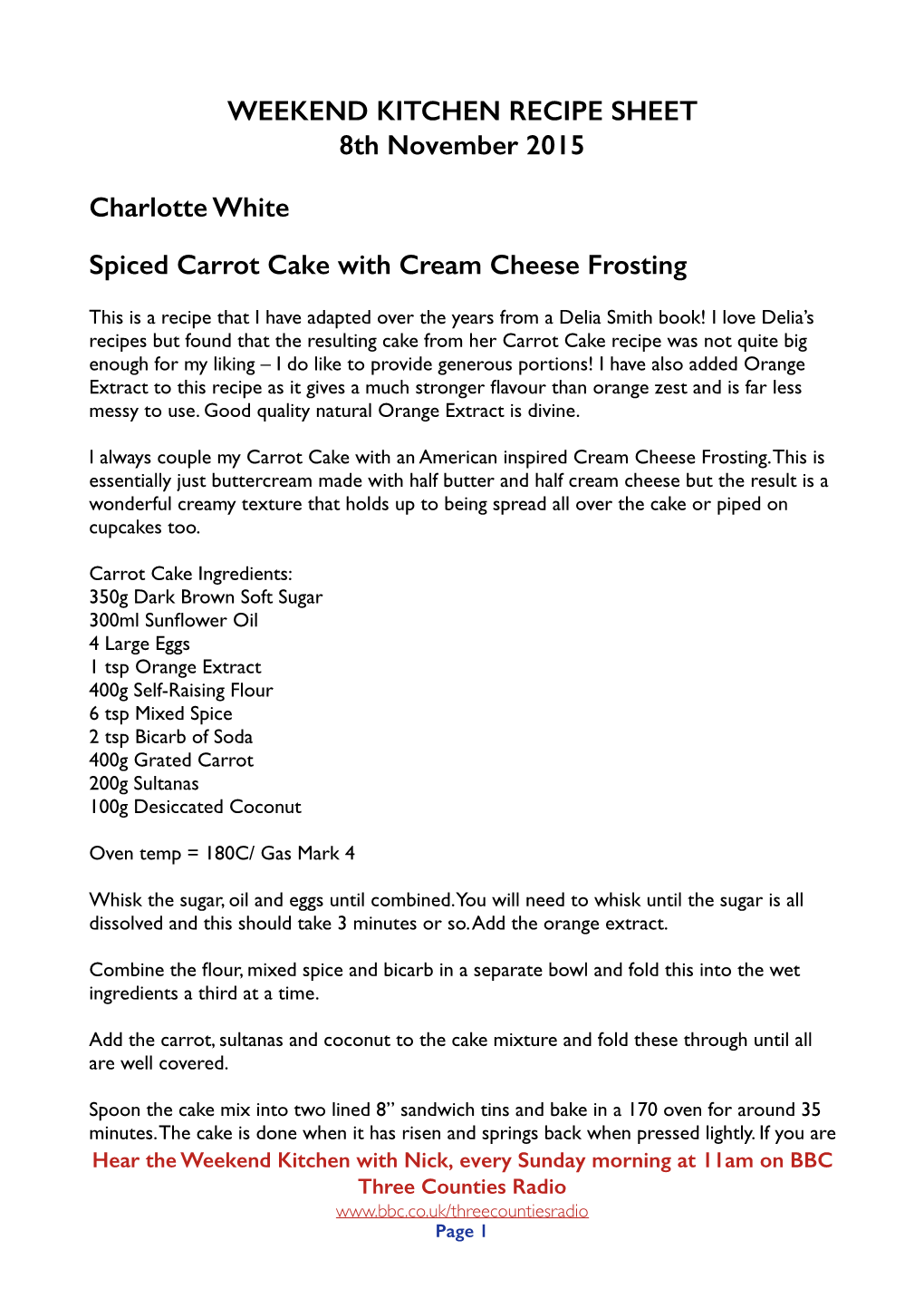 WEEKEND KITCHEN RECIPE SHEET 8Th November 2015 Charlotte