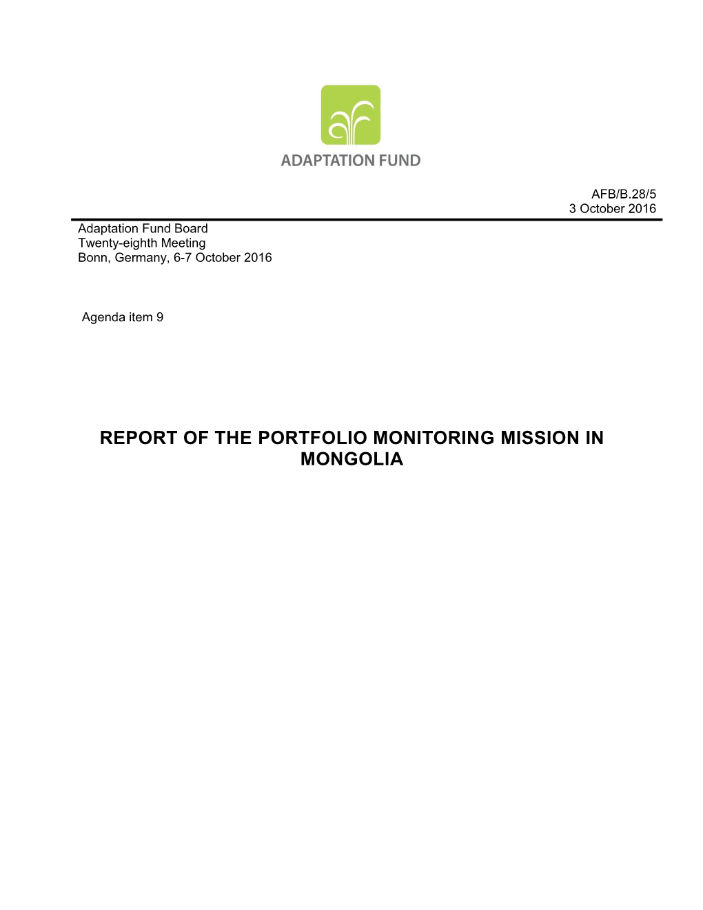 Report of the Portfolio Monitoring Mission in Mongolia