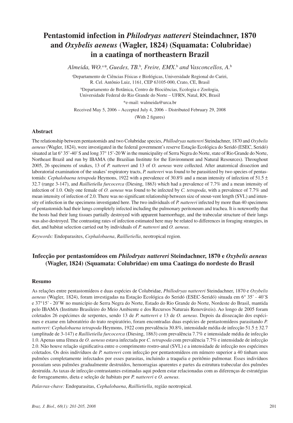 Pentastomid Infection in Philodryas Nattereri Steindachner, 1870 and Oxybelis Aeneus (Wagler, 1824) (Squamata: Colubridae) in A