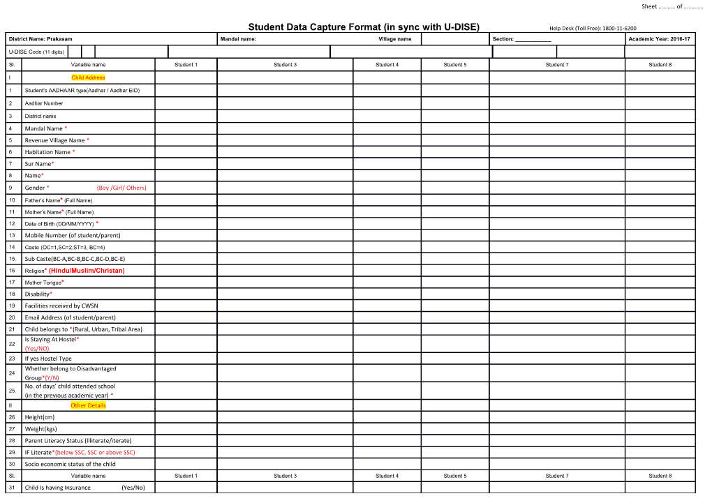 Student Data Capture Format (In Sync with U-DISE) Help Desk (Toll Free): 1800-11-6200