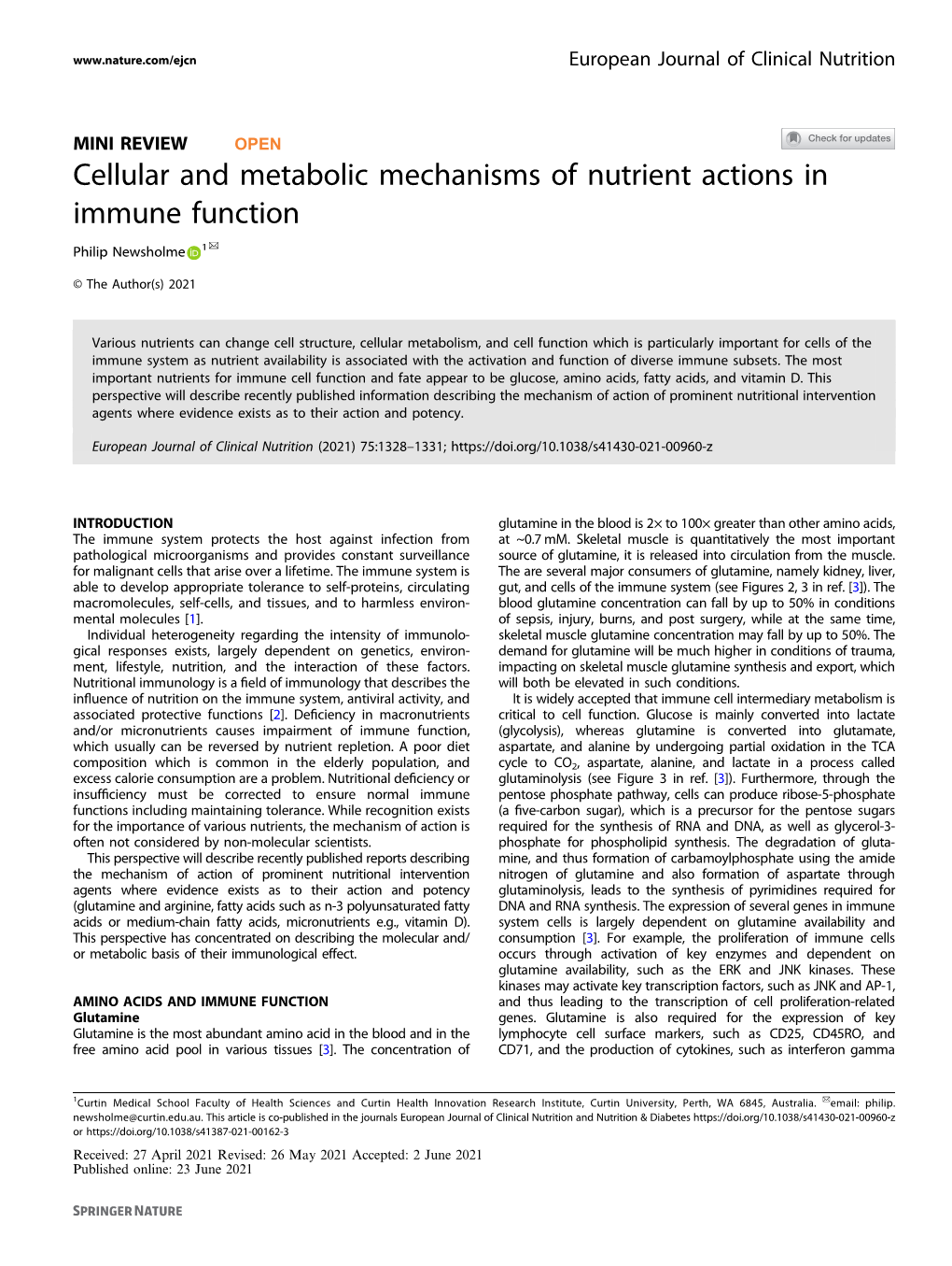 Cellular and Metabolic Mechanisms of Nutrient Actions in Immune Function ✉ Philip Newsholme 1