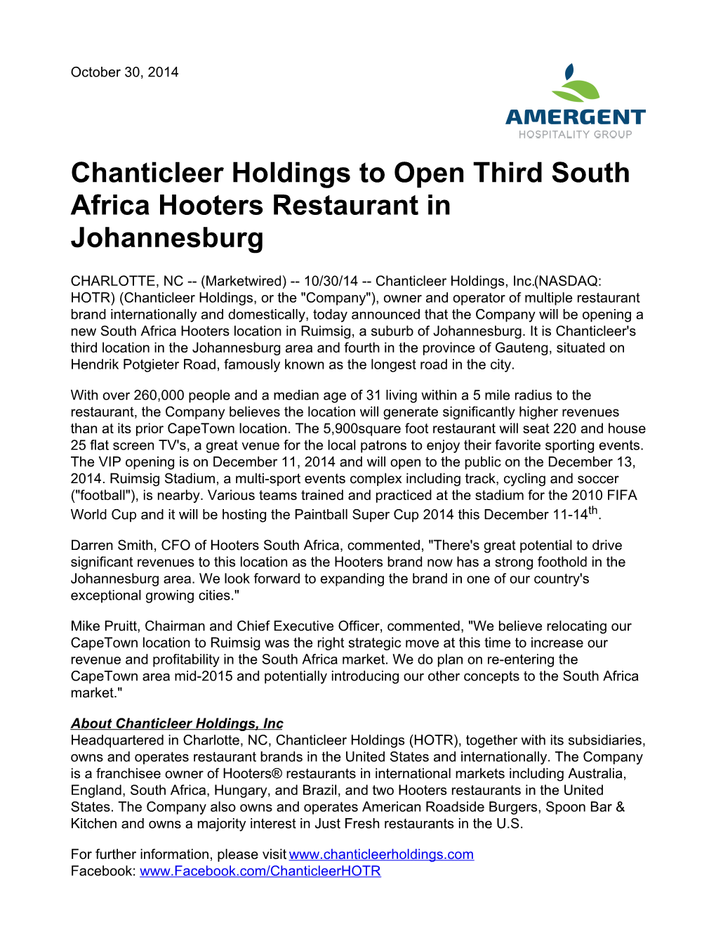 Chanticleer Holdings to Open Third South Africa Hooters Restaurant in Johannesburg