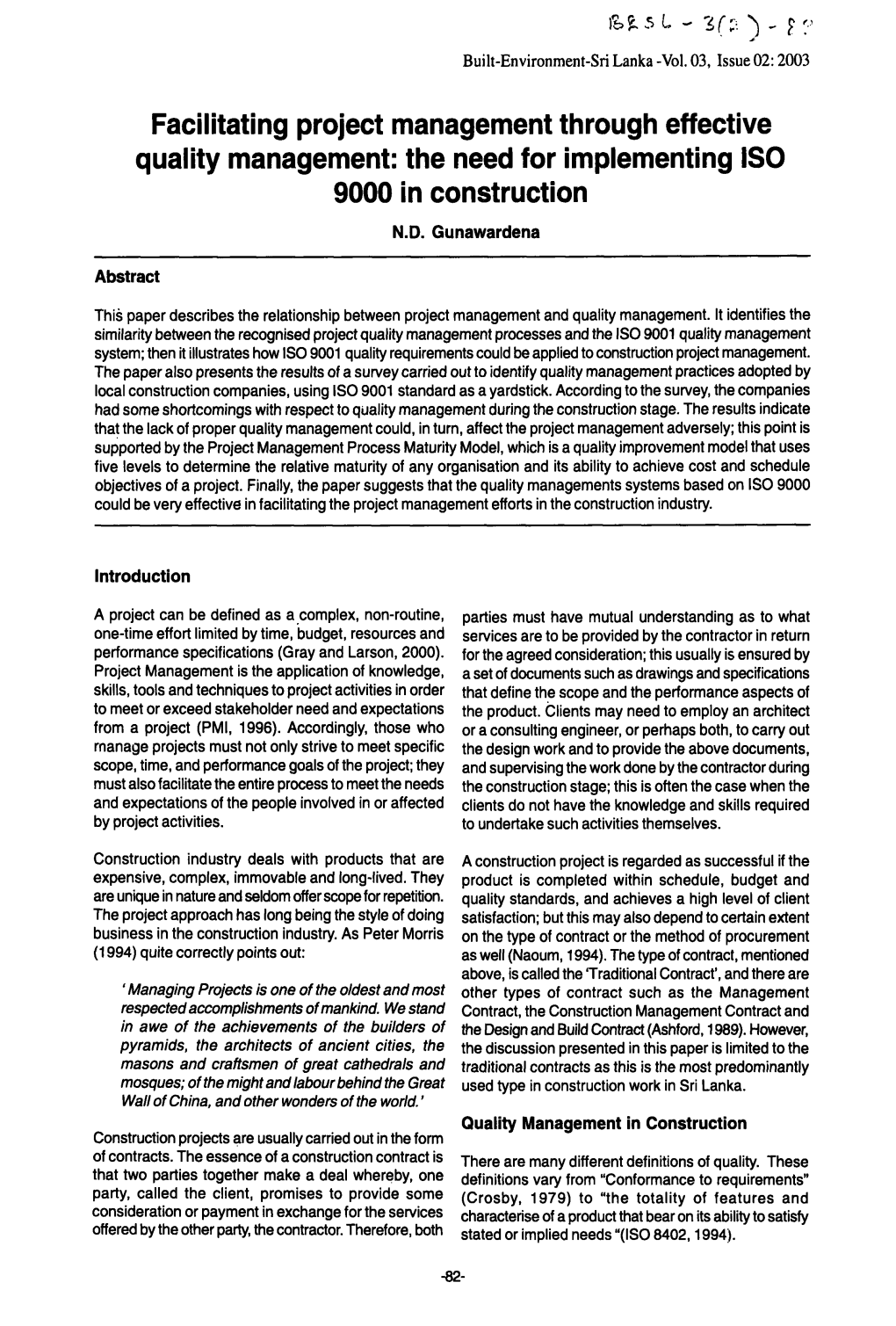 Facilitating Project Management Through Effective Quality Management: the Need for Implementing ISO 9000 in Construction