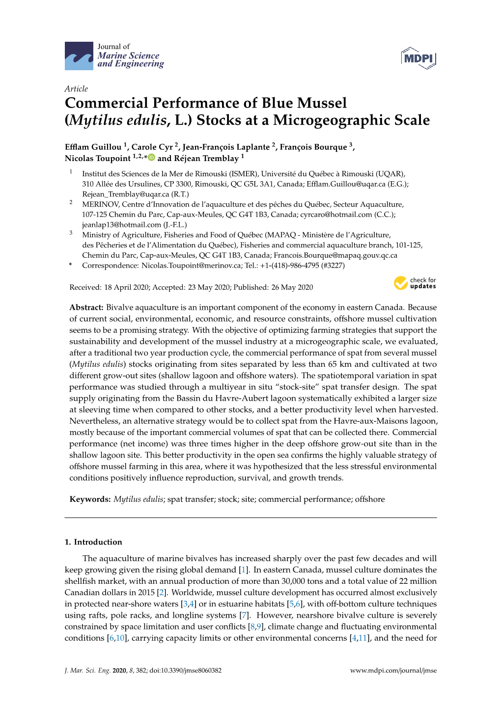 Commercial Performance of Blue Mussel (Mytilus Edulis, L.) Stocks at a Microgeographic Scale