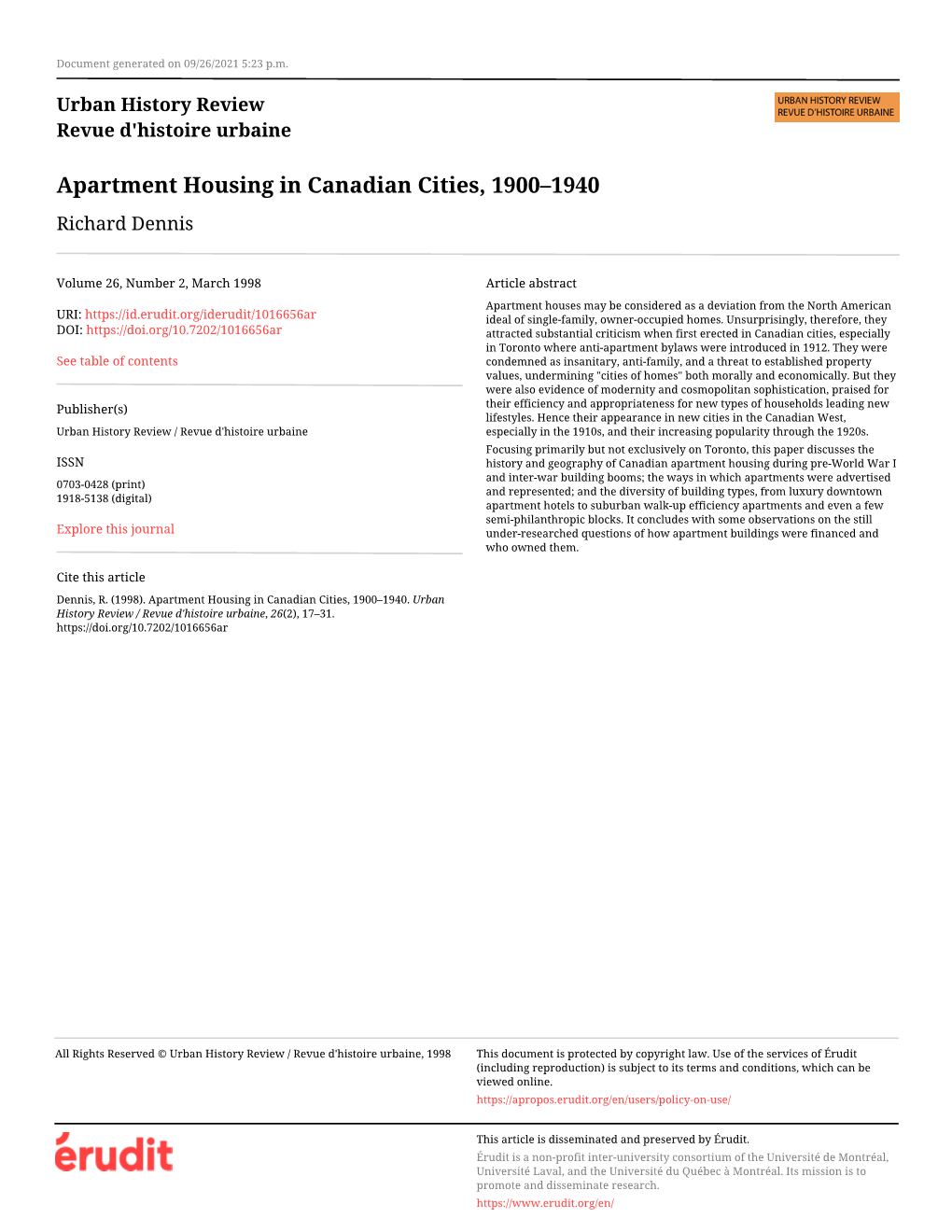 Apartment Housing in Canadian Cities, 1900–1940 Richard Dennis
