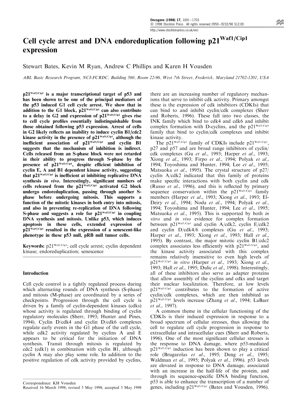 Cell Cycle Arrest and DNA Endoreduplication Following P21waf1/Cip1 Expression