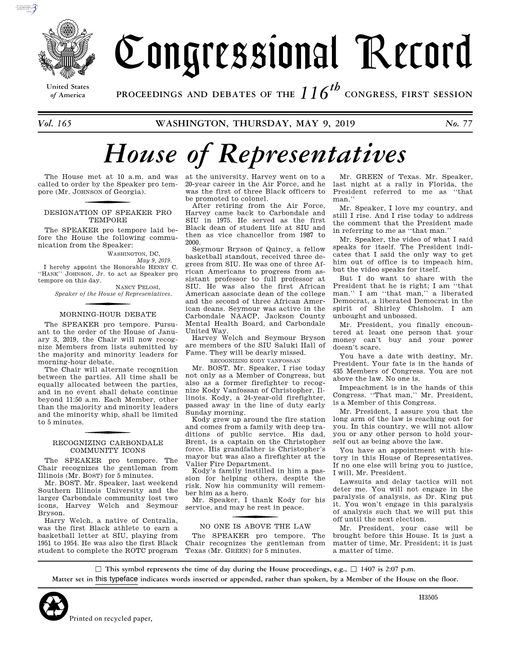 Congressional Record United States Th of America PROCEEDINGS and DEBATES of the 116 CONGRESS, FIRST SESSION