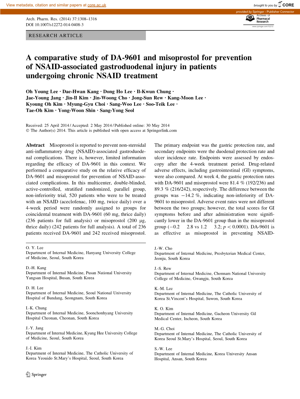 A Comparative Study of DA-9601 and Misoprostol for Prevention of NSAID-Associated Gastroduodenal Injury in Patients Undergoing Chronic NSAID Treatment