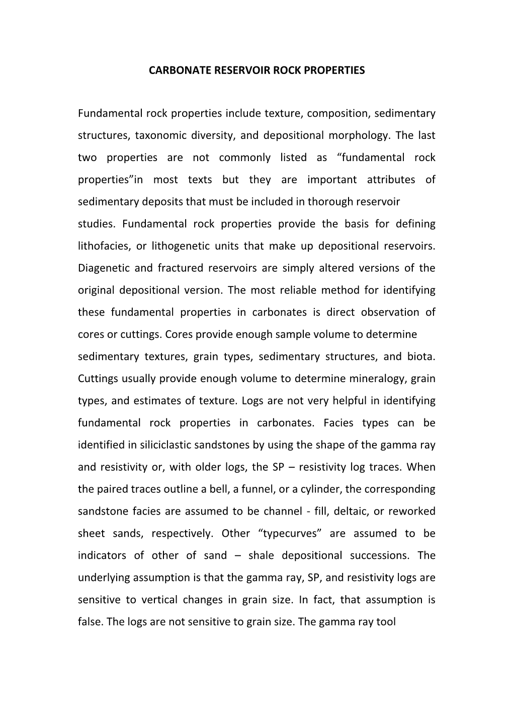 CARBONATE RESERVOIR ROCK PROPERTIES Fundamental Rock