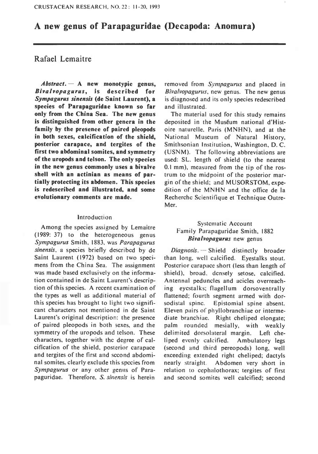 A New Genus of Parapaguridae (Decapoda: Anomura)