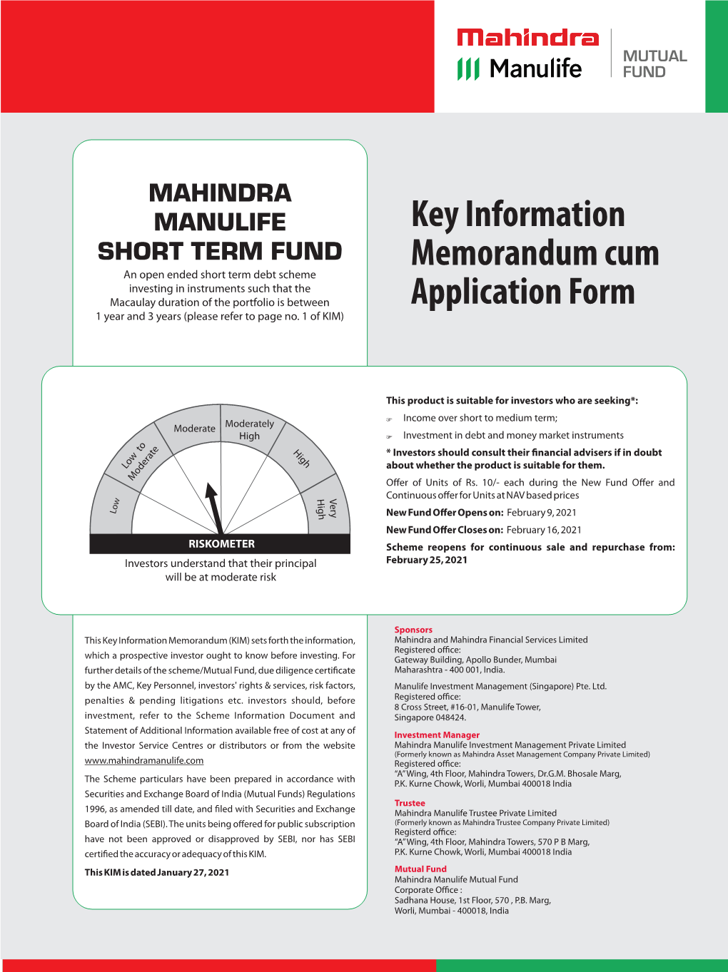 Mahindra Manulife Short Term Fund Form 2021.Cdr