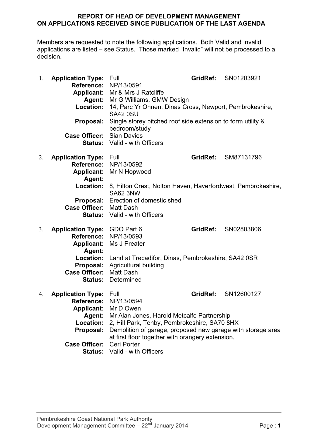 Report of Head of Development Management on Applications Received Since Publication of the Last Agenda