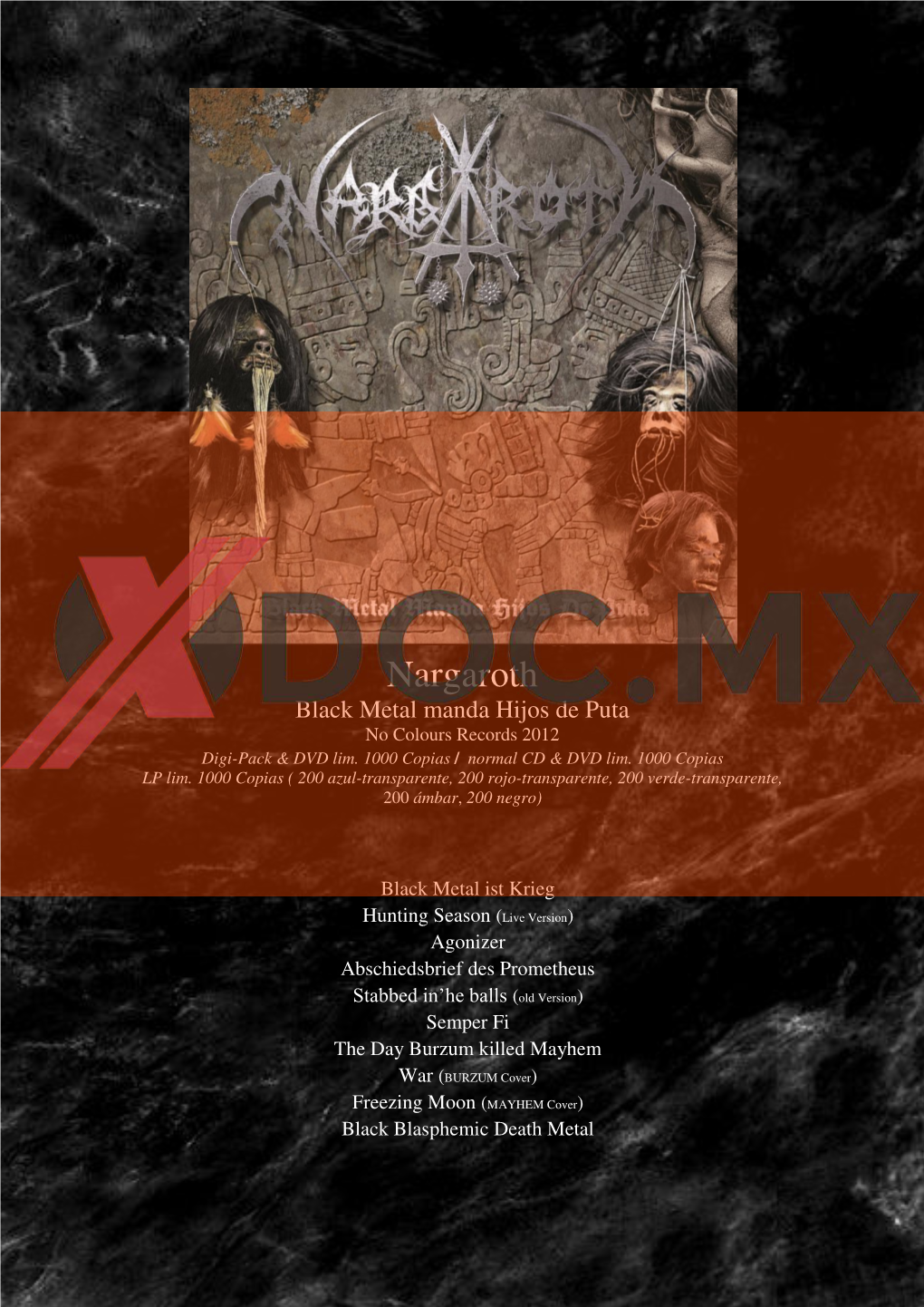 Nargaroth Black Metal Manda Hijos De Puta No Colours Records 2012 Digi-Pack & DVD Lim