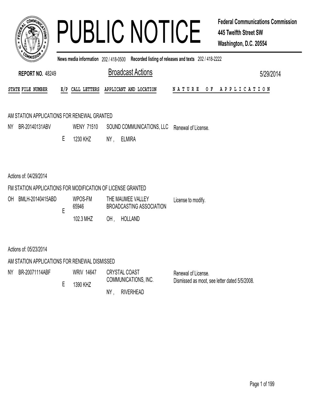 Broadcast Actions 5/29/2014