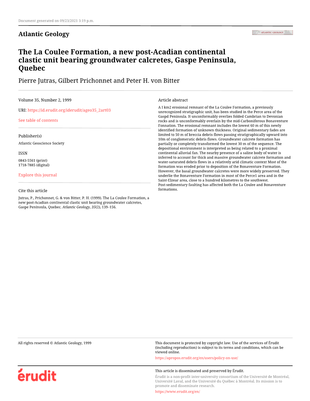 The La Coulee Formation, a New Post-Acadian Continental Clastic Unit Bearing Groundwater Calcretes, Gaspe Peninsula, Quebec