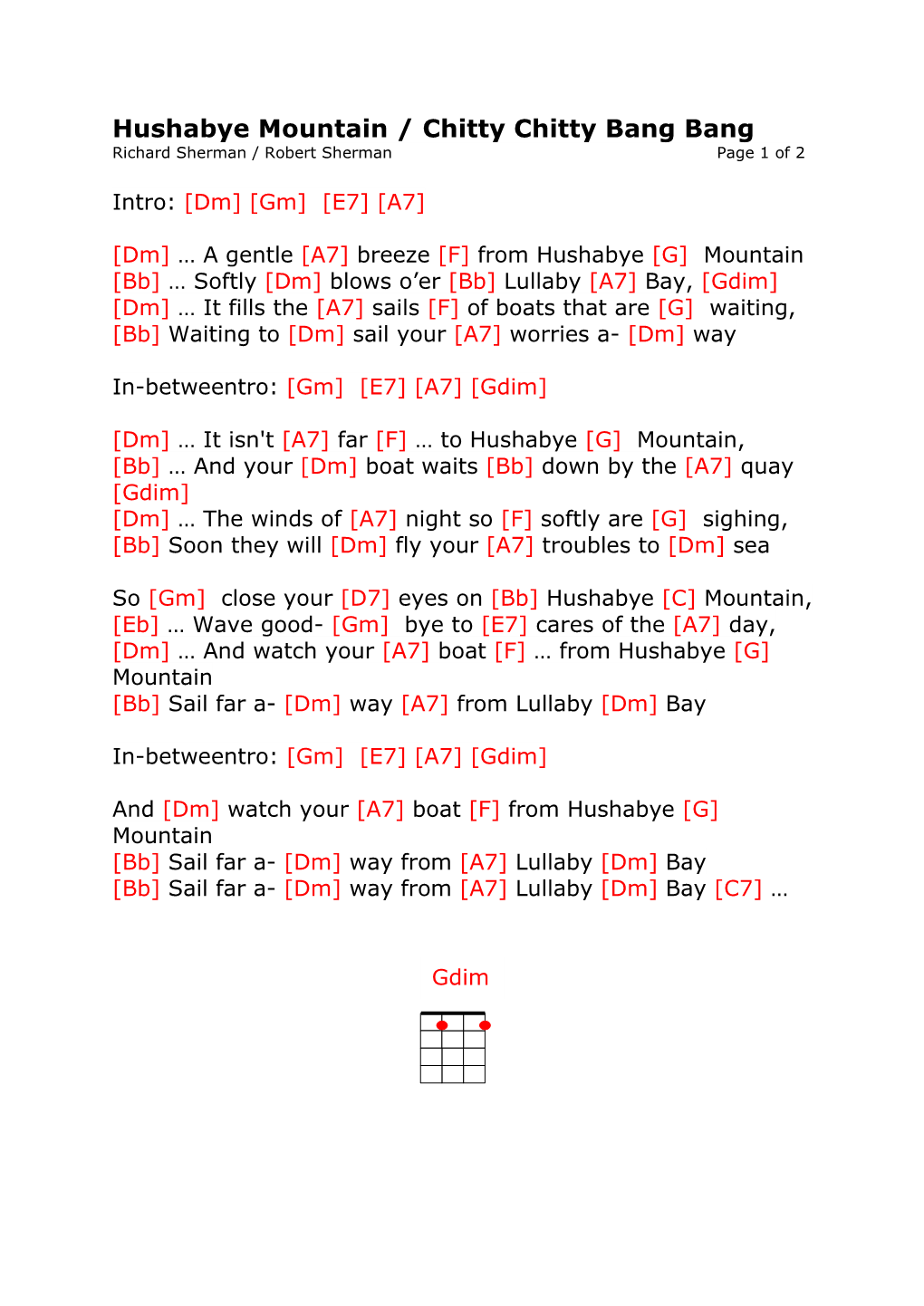 Hushabye Mountain / Chitty Chitty Bang Bang Richard Sherman / Robert Sherman Page 1 of 2