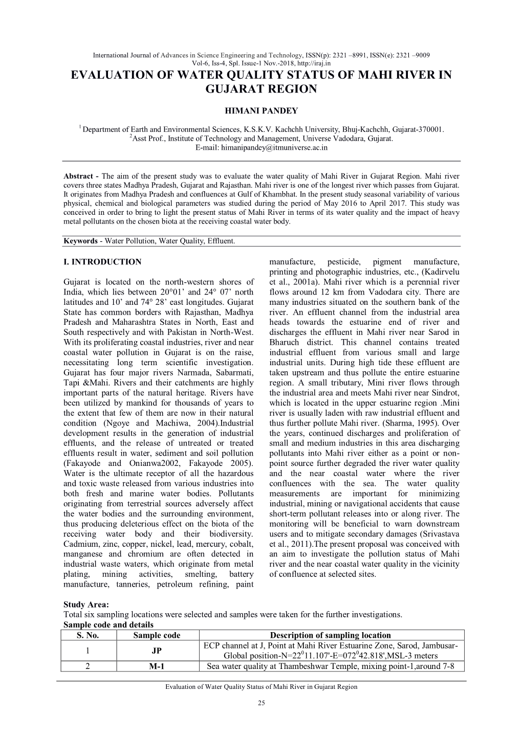 Evaluation of Water Quality Status of Mahi River in Gujarat Region