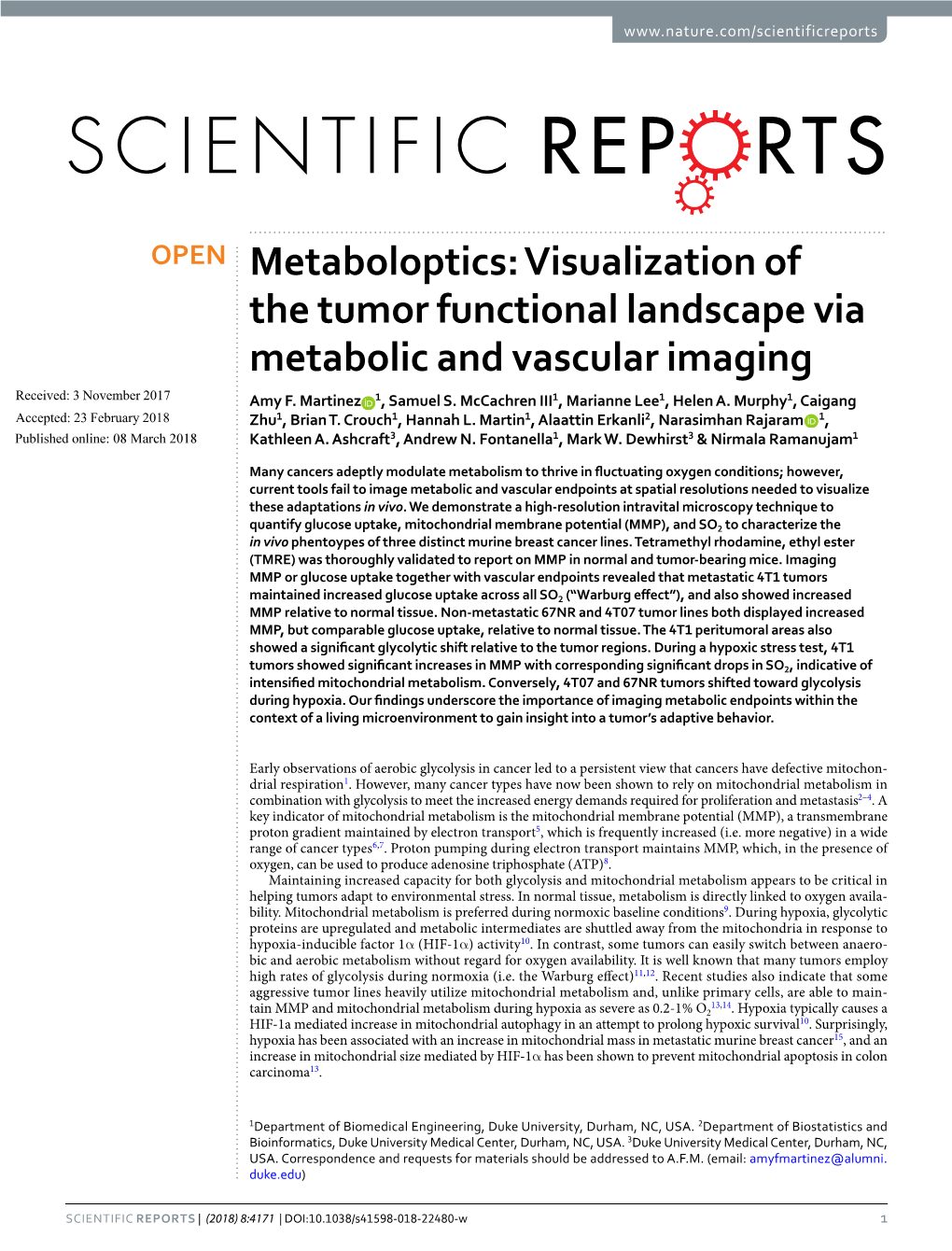 Visualization of the Tumor Functional Landscape Via Metabolic and Vascular Imaging Received: 3 November 2017 Amy F