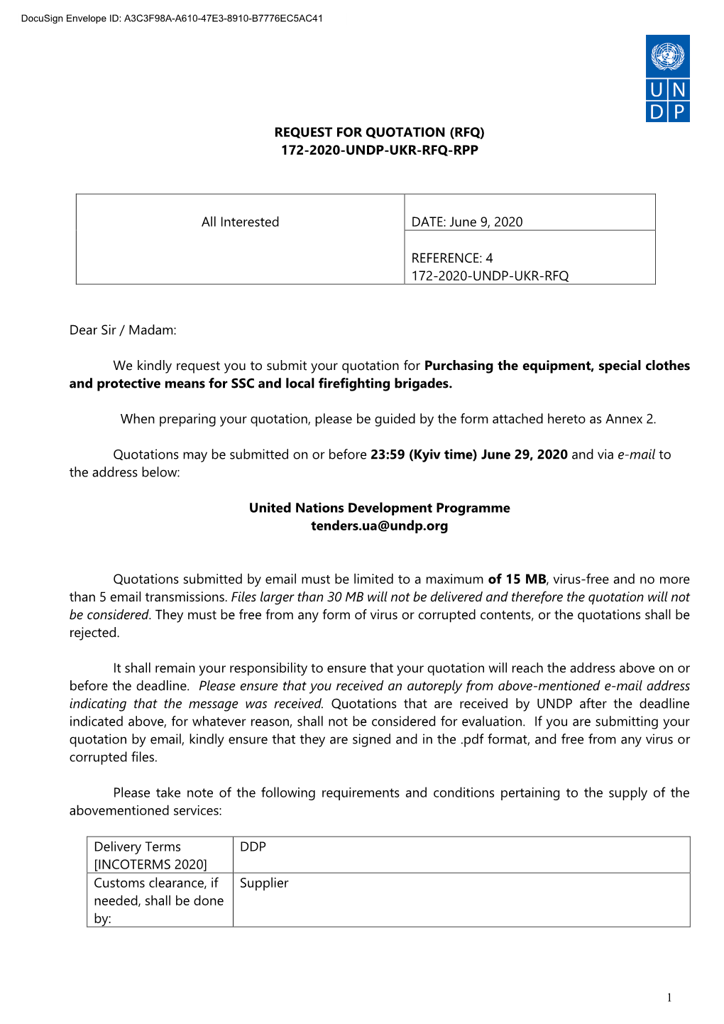 Request for Quotation (Rfq) 172-2020-Undp-Ukr-Rfq-Rpp