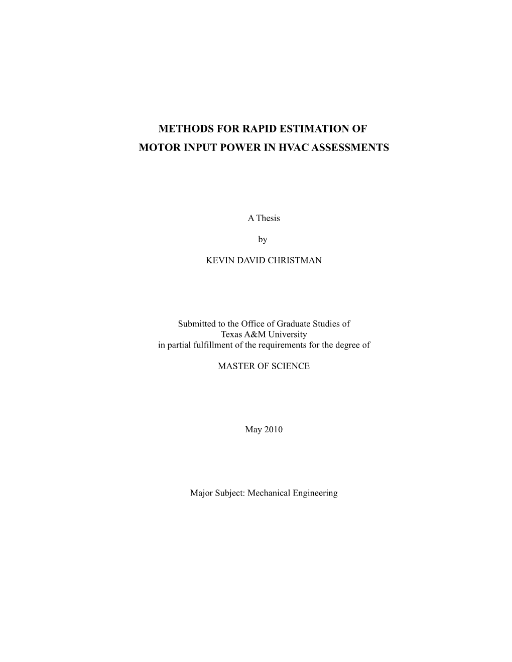 Methods for Rapid Estimation of Motor Input Power in Hvac Assessments