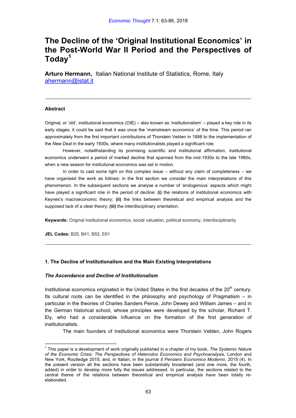 “Original Institutional Economics” in the Post-World War II Period and the Perspectives of Today,’ Economic Thought, 7.1, Pp