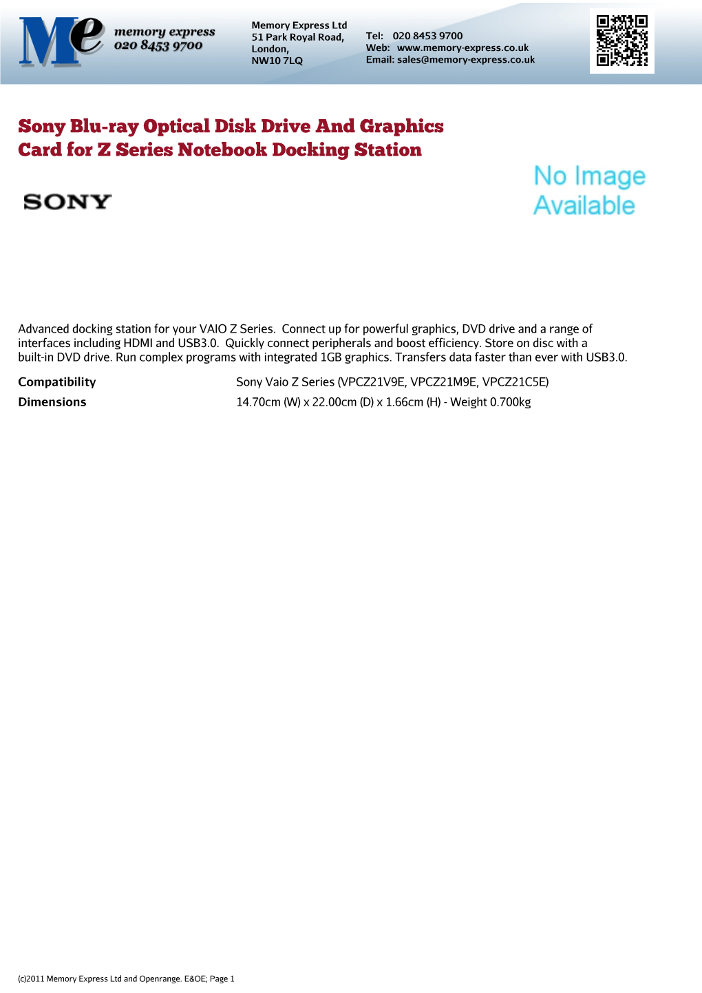 Sony Blu-Ray Optical Disk Drive and Graphics Card for Z Series Notebook Docking Station