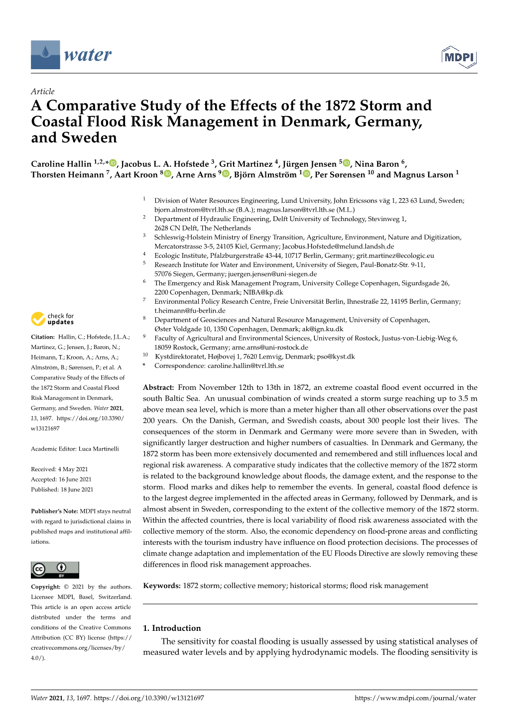 A Comparative Study of the Effects of the 1872 Storm and Coastal Flood Risk Management in Denmark, Germany, and Sweden
