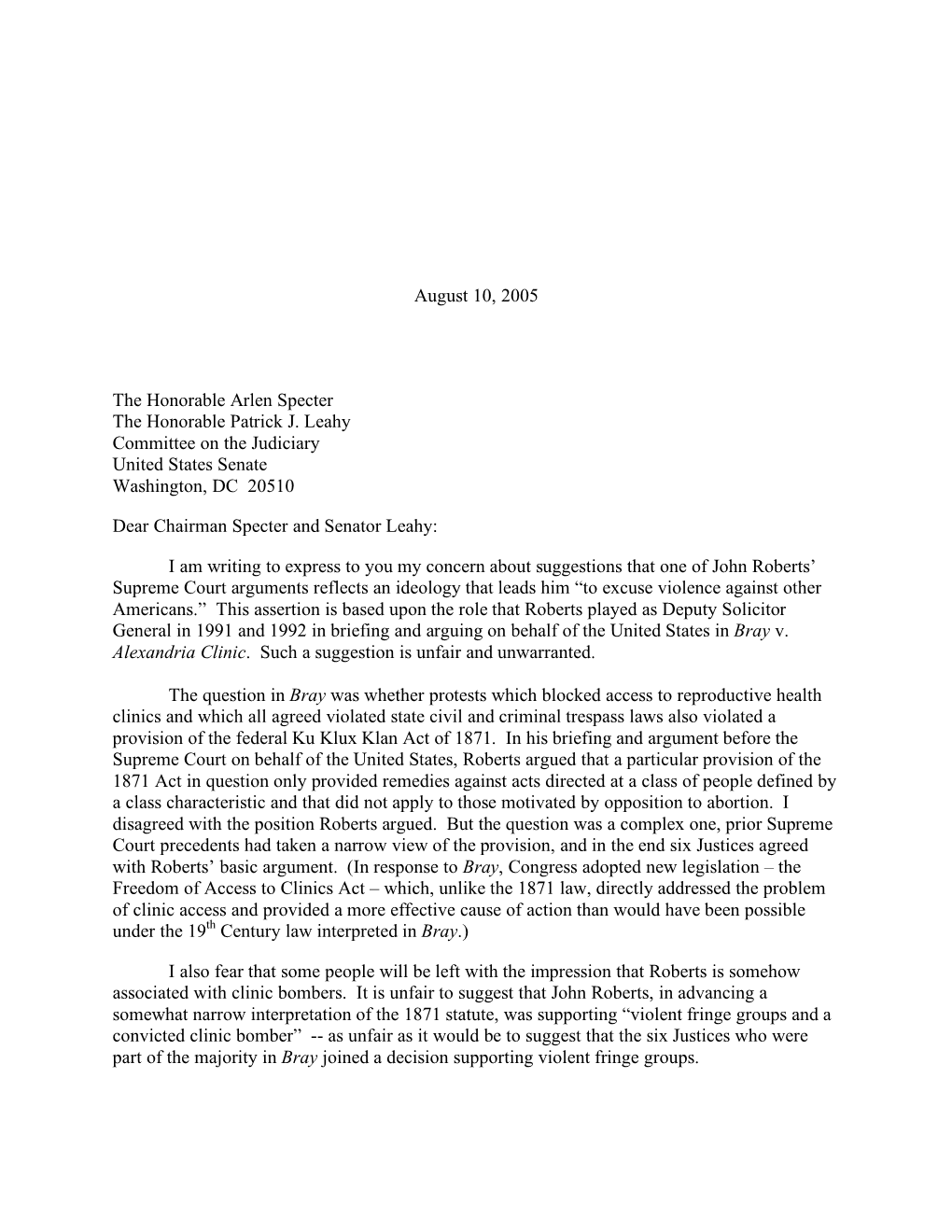 August 10, 2005 the Honorable Arlen Specter the Honorable Patrick J