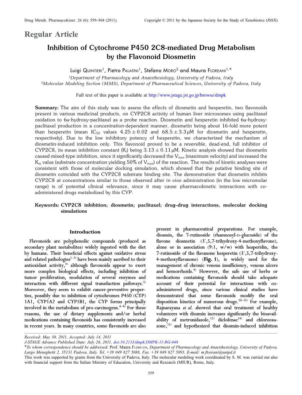 Inhibition of Cytochrome P450 2C8-Mediated Drug Metabolism by the Flavonoid Diosmetin