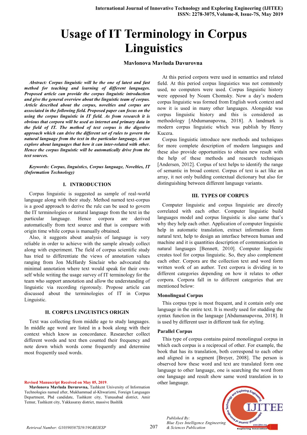 Usage of IT Terminology in Corpus Linguistics Mavlonova Mavluda Davurovna