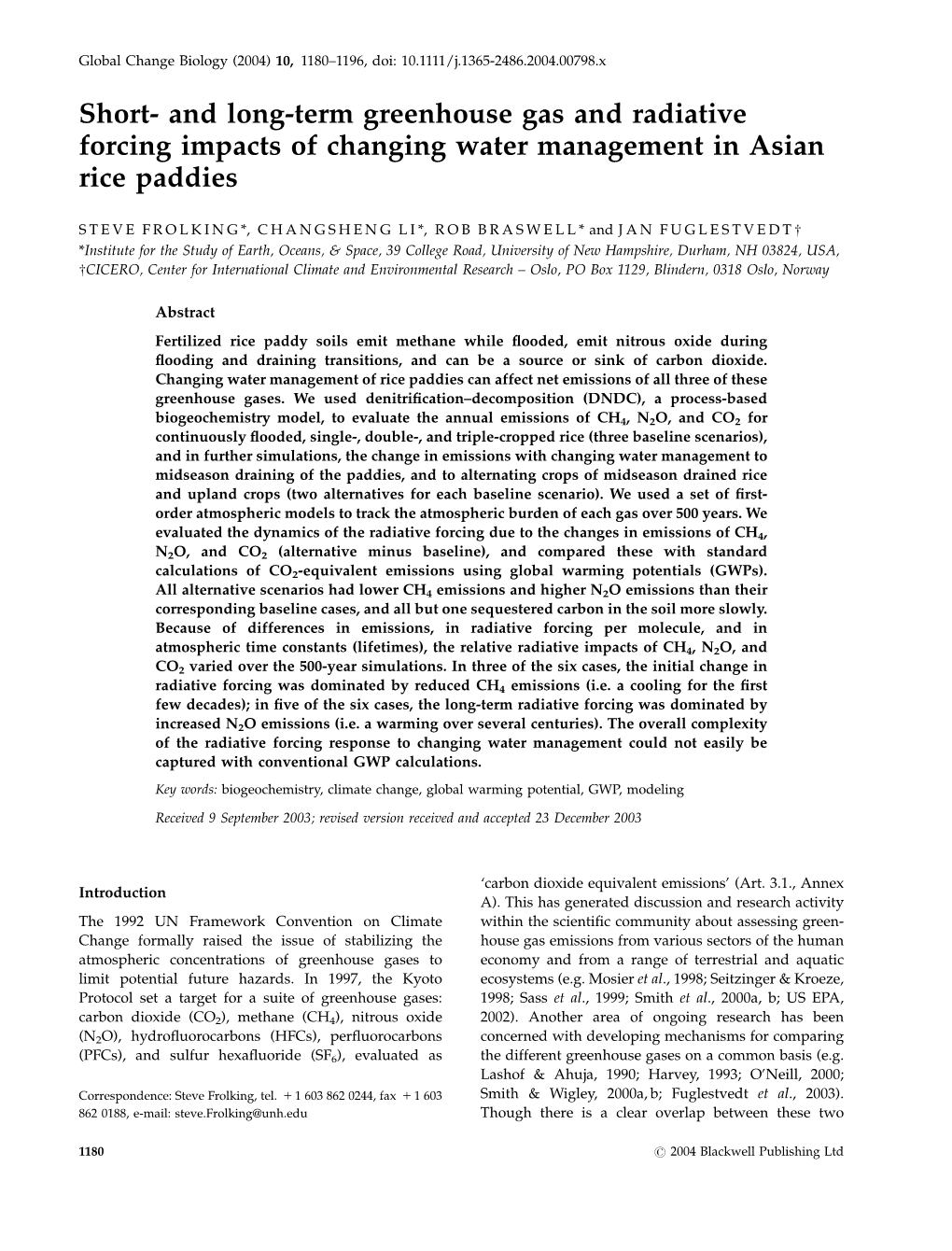 Short- and Long-Term Greenhouse Gas and Radiative Forcing Impacts of Changing Water Management in Asian Rice Paddies