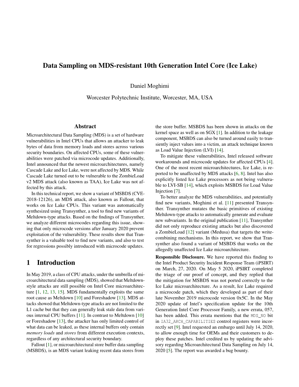 Data Sampling on MDS-Resistant 10Th Generation Intel Core (Ice Lake) 1